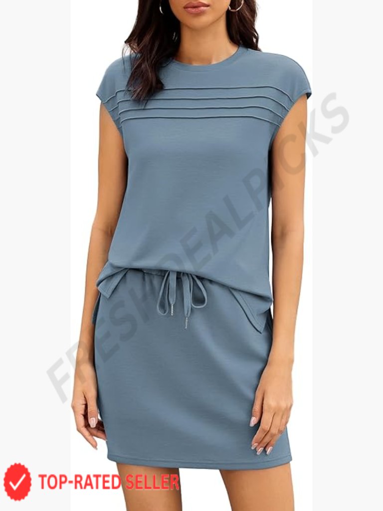 Cap Sleeve Pleated Top And Skort Set Lightweight Polyester Rayon Spandex